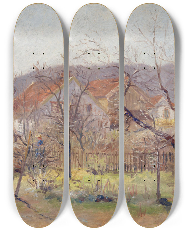 Triptych art skateboard deck of Edvard Diriks Spring Sun by Edvard Diriks (1855-1930)