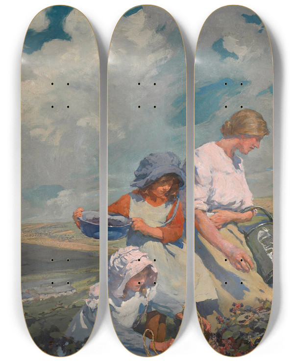 Triptych art skateboard deck of Elizabeth Adela Forbes Blackberry Gathering by Elizabeth Adela Forbes (1859-1912)