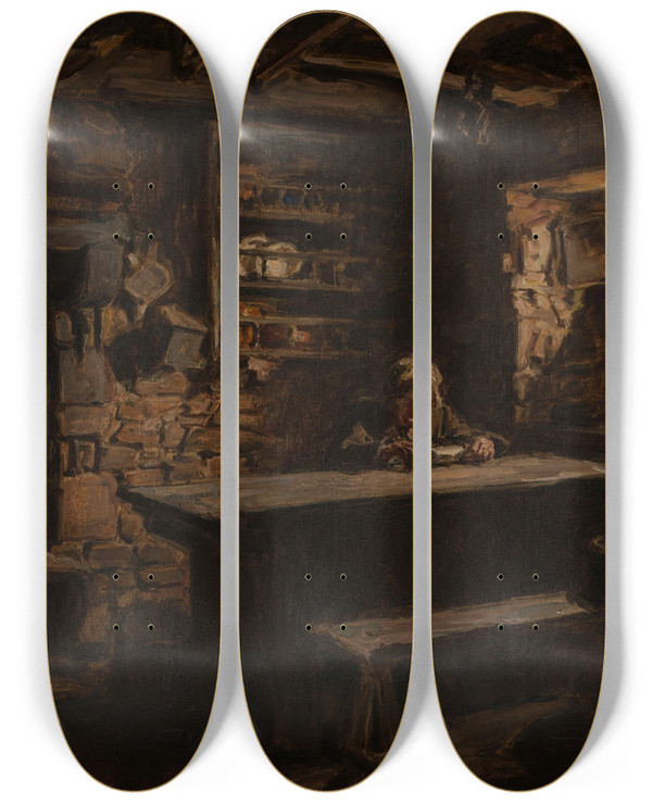 Triptych art skateboard deck of Germain Davidnillet Intrieur Breton by Germain David-Nillet (1861-1932)
