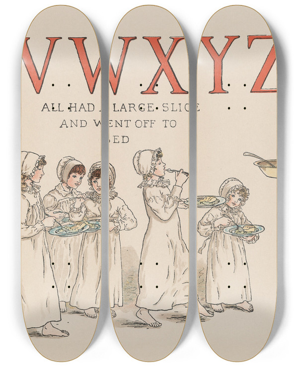Triptych art skateboard deck of Kate Greenaway A Apple Pie Pl 20 by Kate Greenaway (1846-1901)