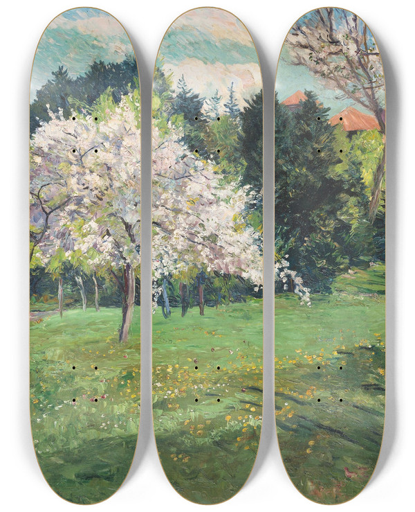 Triptych art skateboard deck of Philipp Franck Blhender Obstbaum by Philipp Franck (1860-1944)