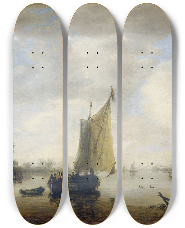 Triptych art skateboard deck of Jeronymus Van Diest Ii River View by Jeronymus Van Diest Ii (1631-1677)