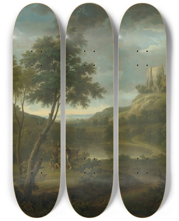 Triptych art skateboard deck of George Lambert Capriccio With A Classical Sarcophogus And Possibly Beeston Castle Chesire by George Lambert (1699-1765)