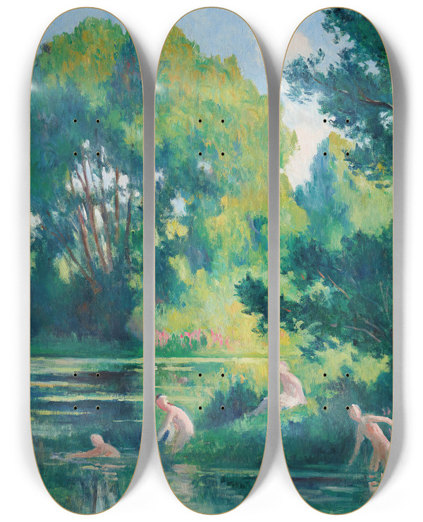 Triptych art skateboard deck of Maximilien Luce Rolleboise Baignade Dans Le Petit Bras De La Seine by Maximilien Luce (1858-1941)