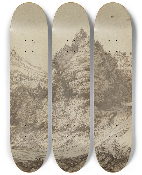 Triptych art skateboard deck of Jacob Esselens Gebirgslandschaft Mit Wald Links Am Weg Ein Sitzender Und Ein Stehender Mann by Jacob Esselens (1626-1687)
