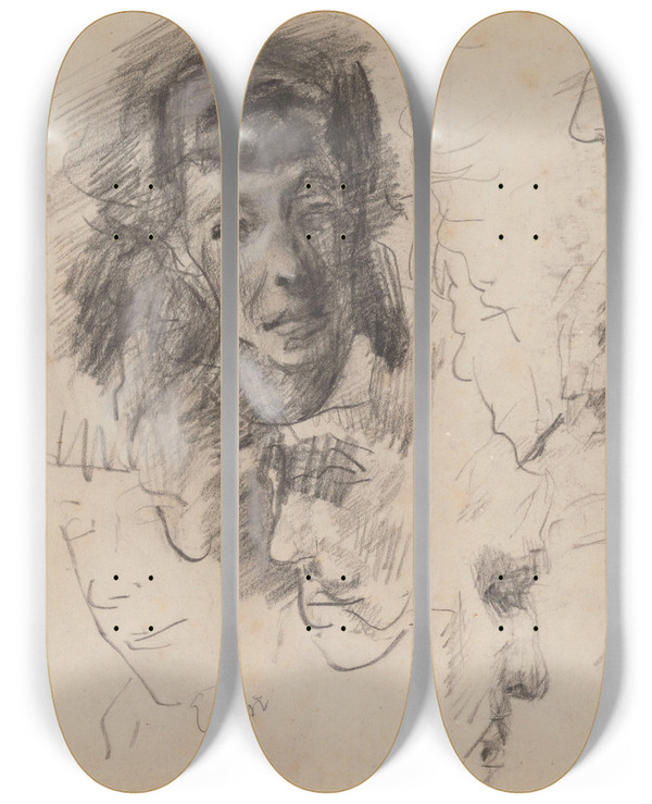 Triptych art skateboard deck of James Ensor Study Of Hands And Heads by James Ensor (1860-1949)