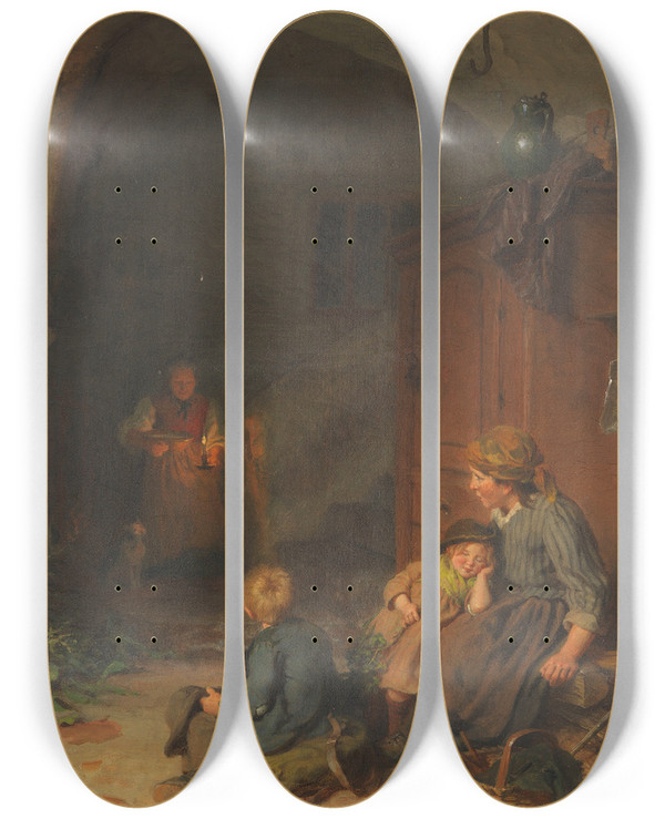 Triptych art skateboard deck of Felix Schlesinger Eine Warme Mahlzeit by Felix Schlesinger (1833-1910)