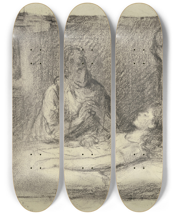 Triptych art skateboard deck of Otto Scholderer At The Sickbed_1 by Otto Scholderer (1834-1902)