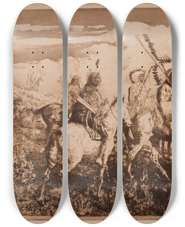 Triptych art skateboard deck of Edward Borein The War Party by Edward Borein (1872-1945)