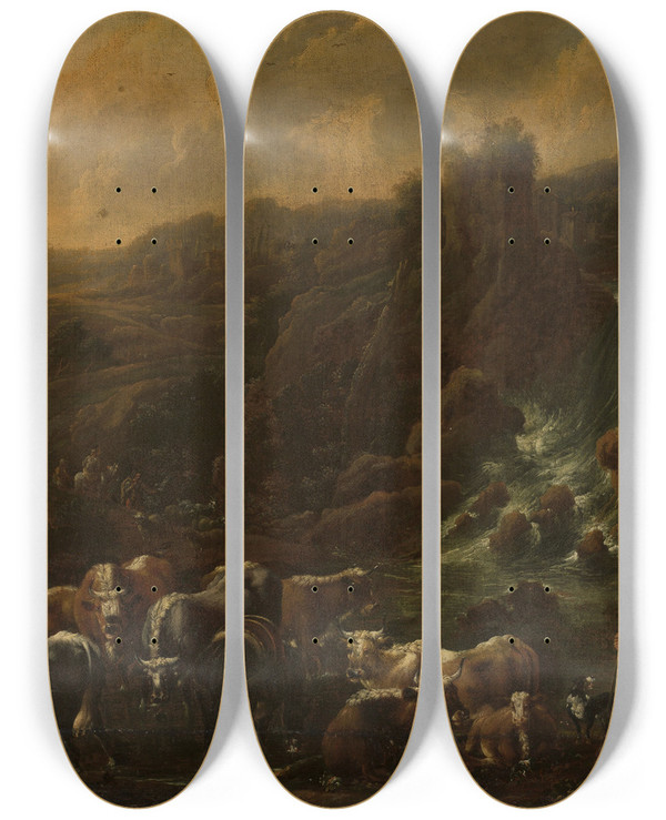 Triptych art skateboard deck of Philipp Peter Roos Cattle At The Waterfall by Philipp Peter Roos (1657-1706)