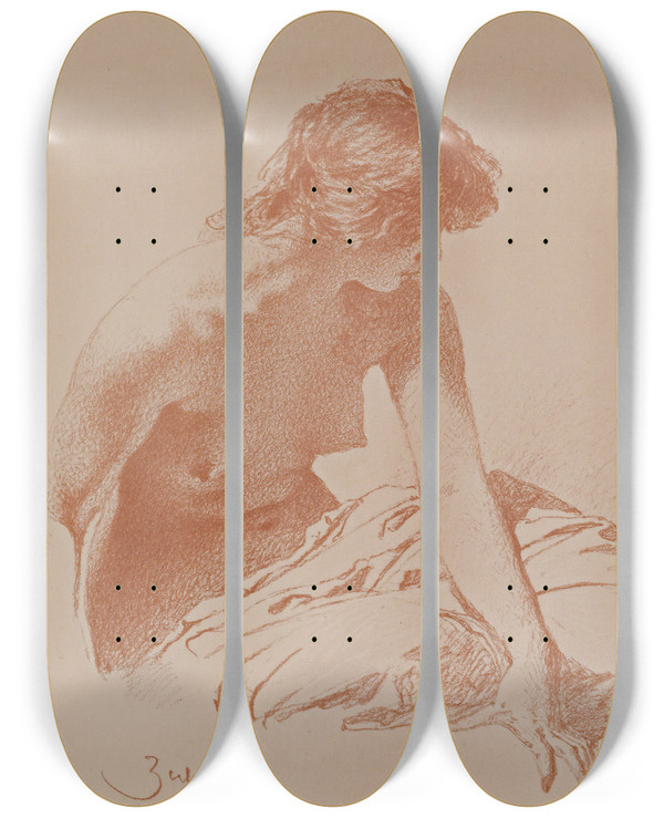 Triptych art skateboard deck of Mihly Zichy Nude Print_5 by Mihaly Zichy (1827-1906)