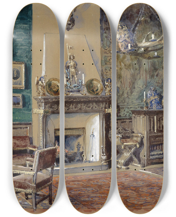 Triptych art skateboard deck of Franz Poledne Herrenzimmer Mit Kamin by Franz Poledne (1873-1932)