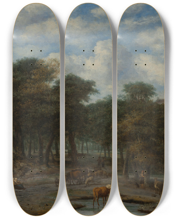 Triptych art skateboard deck of Philips Koninck Forest Clearing With Cattle by Philips Koninck (1619-1688)