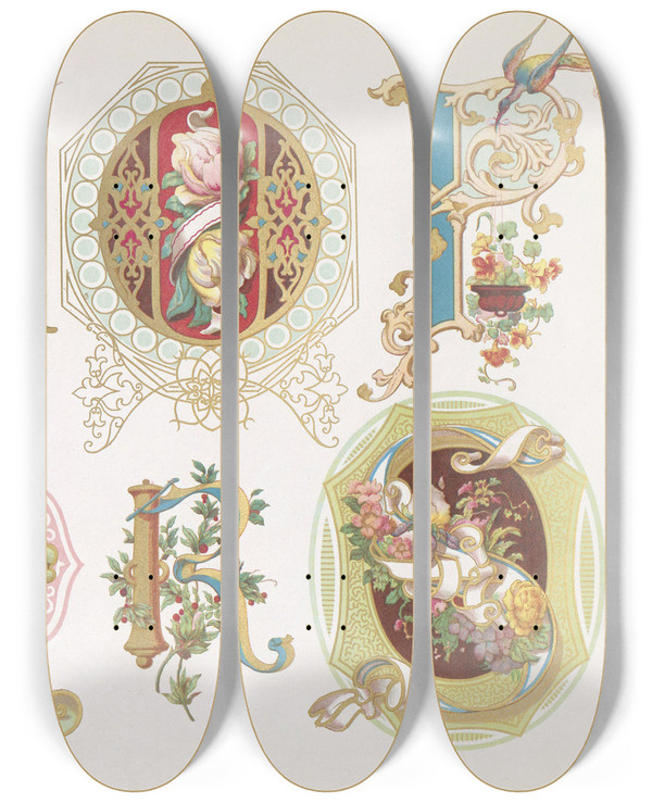 Triptych art skateboard deck of Bernhard Dondorf Dondorfs Alphabete Pl34 by Bernhard Dondorf (1833-1933)