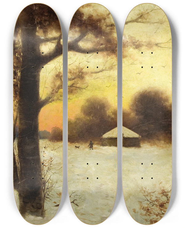 Triptych art skateboard deck of Julius Sergius Klever Winter Cottage by Julius Sergius Klever (1850-1924)