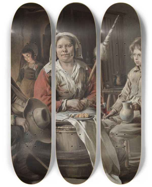 Triptych art skateboard deck of Louis Le Nain Peasant Interior by Louis Le Nain (1600-1648)