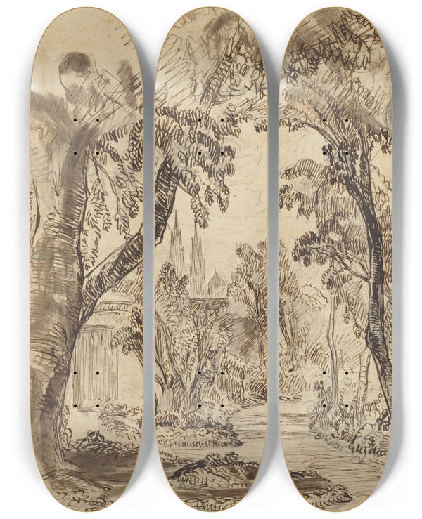 Triptych art skateboard deck of Robert Caney A Treelined Garden Path Preliminary Sketch For Sleeping Beauty And The Beast by Robert Caney (1847-1911)