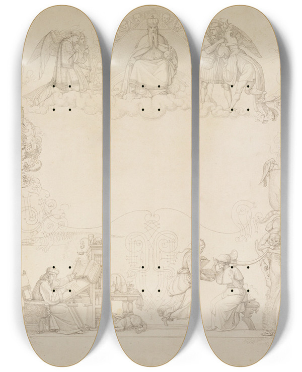Triptych art skateboard deck of Peter Von Cornelius Goethes Faust Titelblatt In Arabesken_2 by Peter Von Cornelius (1784-1867)