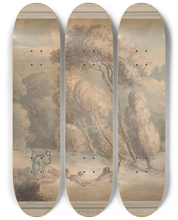 Triptych art skateboard deck of Thomas Rowlandson Fishing With Nets In Devonshire by Thomas Rowlandson (1756-1827)
