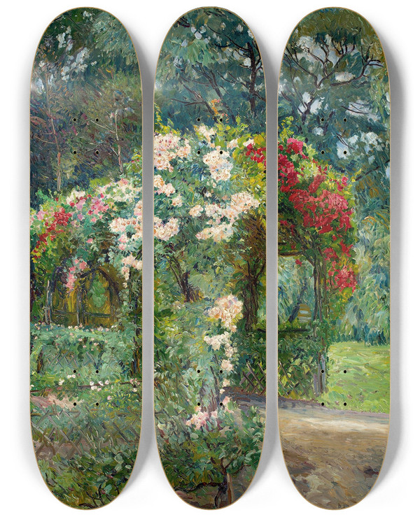 Triptych art skateboard deck of Philipp Franck Rosenlaube Im Richterschen Garten by Philipp Franck (1860-1944)
