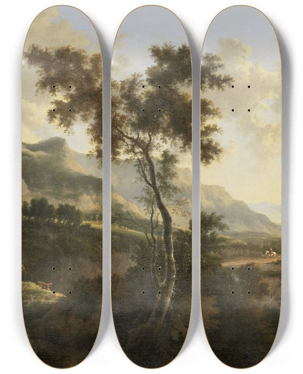 Triptych art skateboard deck of Jan Hackaert Mountainous Landscape by Jan Hackaert (1629-1700)
