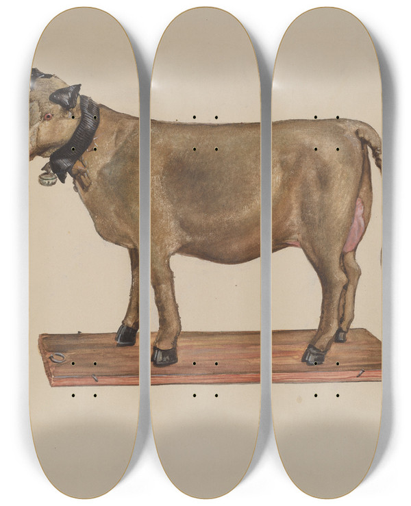 Triptych art skateboard deck of James Mclellan Toy Cow On Stand by James Mclellan