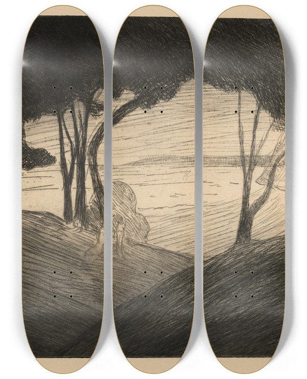 Triptych art skateboard deck of Maxime Maufra La Mer Ou Coucher De Soleil by Maxime Maufra (1861-1918)