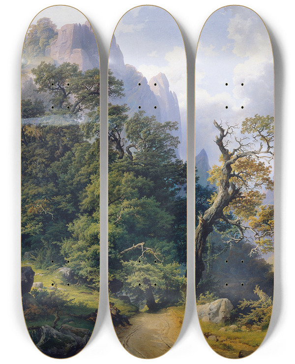 Triptych art skateboard deck of Joseph Holzer Berglandschaft by Joseph Holzer (1824-1876)