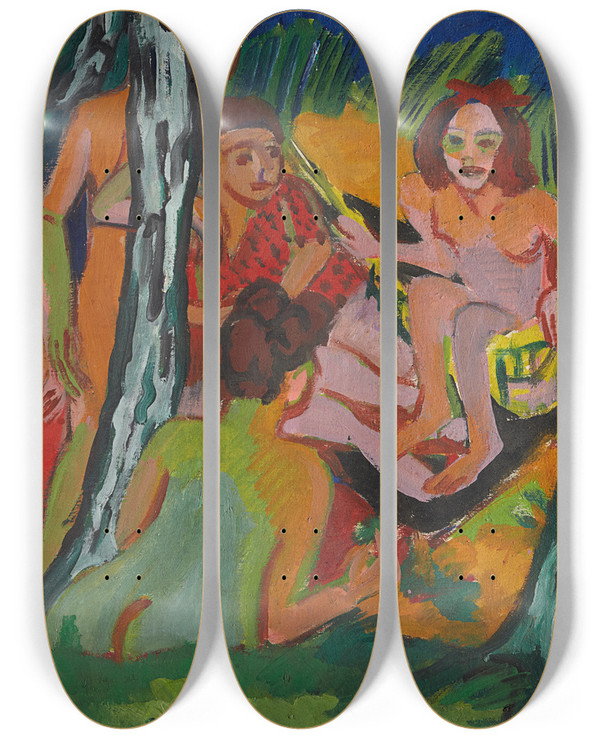 Triptych art skateboard deck of Ernst Ludwig Kirchner Forest Scene Moritzburg Lakes_2 by Ernst Ludwig Kirchner (1880-1938)