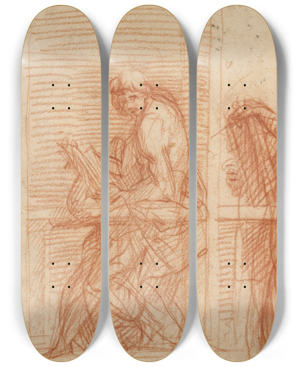 Triptych art skateboard deck of Andrea Del Sarto Study Of Figures Behind A Balustrade_2 by Andrea del Sarto (1486-1530)