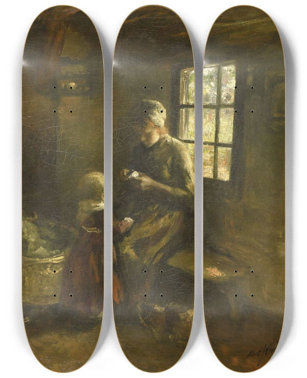Triptych art skateboard deck of Albert Neuhuys Bij De Wieg by Albert Neuhuys (1844-1914)