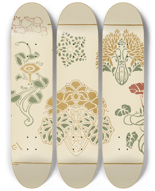Triptych art skateboard deck of George Auriol Abstract Design Based On Leaves And Trumpetshaped Flowers by George Auriol (1863-1938)