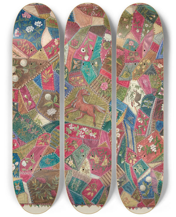 Triptych art skateboard deck of Charlotte Winter Crazy Quilt by Charlotte Winter (20-)