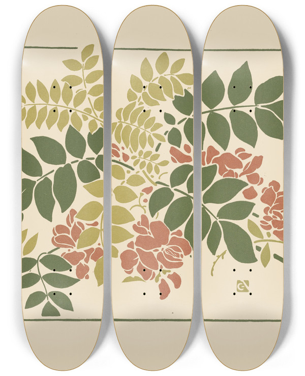 Triptych art skateboard deck of George Auriol Abstract Design Based On Flowering Plants by George Auriol (1863-1938)
