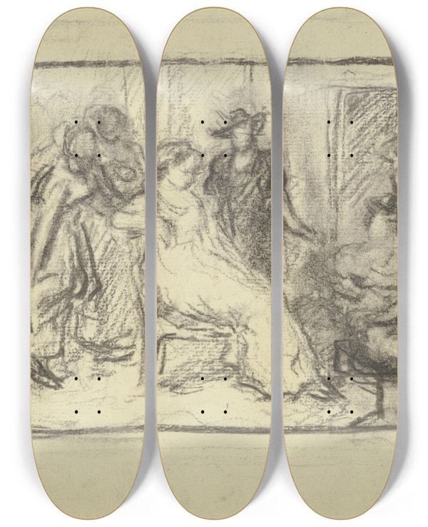 Triptych art skateboard deck of Otto Scholderer Vorbereitung Zum Kostmball_2 by Otto Scholderer (1834-1902)