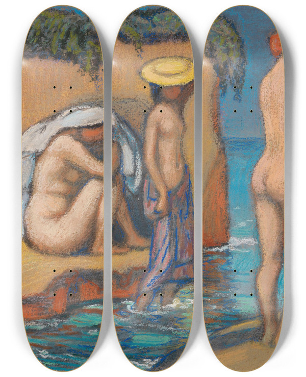 Triptych art skateboard deck of Ludwig Von Hofmann Heier Tag by Ludwig Von Hofmann (1861-1945)