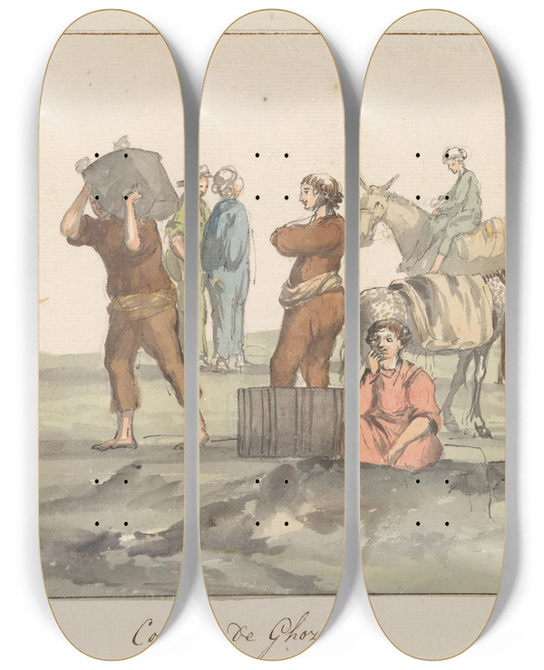 Triptych art skateboard deck of Abrahamlouisrodolphe Ducros Klederdrachten Van Eiland Gozo_1 by Abraham-Louis-Rodolphe Ducros (1748-1810)