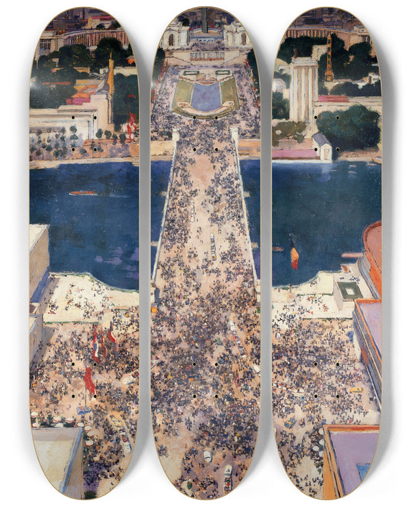 Triptych art skateboard deck of Andr Victor Douard Devambez La Colline De Chaillot Pendant Lexposition Internationale De 1937 Vue De La Tour Eiffel by Andr Victor douard Devambez (1867-1943)