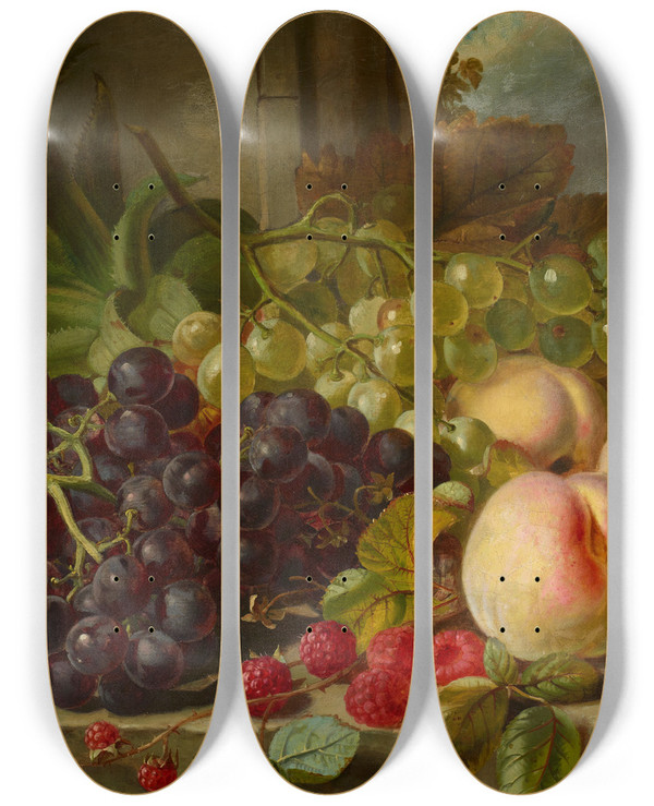 Triptych art skateboard deck of John Wainewright Still Life With Fruit by John Wainewright (1855-1931)