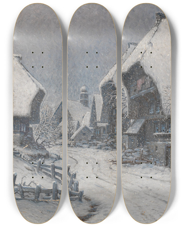 Triptych art skateboard deck of Karl Hauptmann A Winter Day In The Black Forest by Karl Hauptmann (1880-1947)