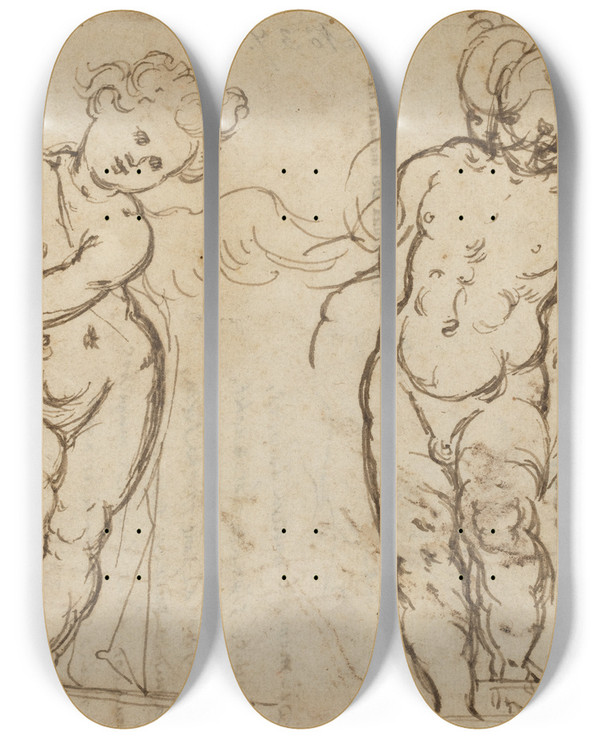 Triptych art skateboard deck of Italian 17Th Century Two Standing Putti Recto by Italian 17th Century