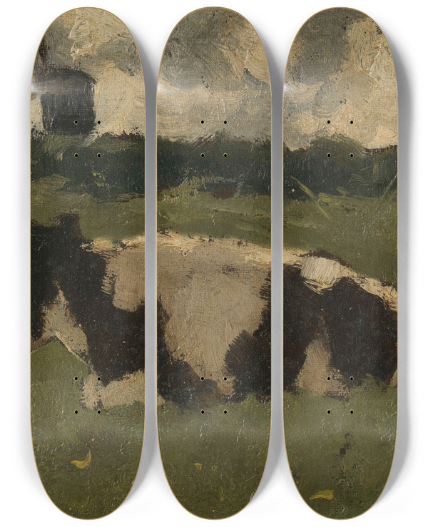 Triptych art skateboard deck of Richard Nicolas Roland Holst Resting Cow With A Mill by Richard Nicolaus Roland Holst (1868-1938)