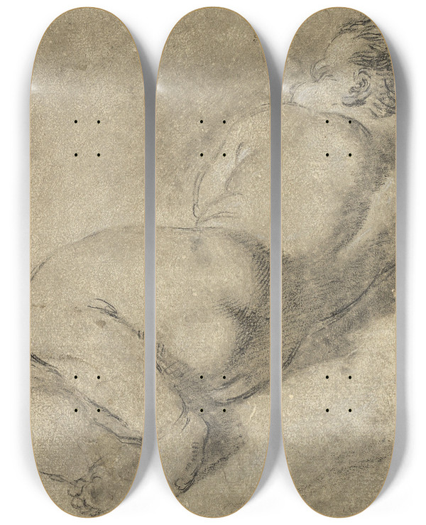 Triptych art skateboard deck of Annibale Carracci Reclining Child From Back by Annibale Carracci (1560-1609)