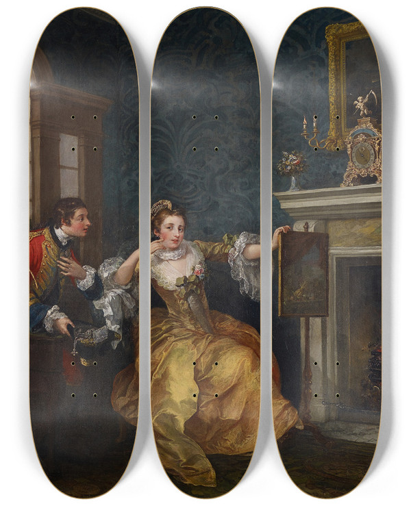 Triptych art skateboard deck of William Hogarth The Ladys Last Stake by William Hogarth (1697-1764)