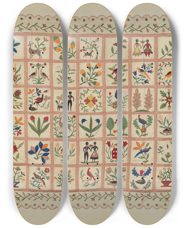 Triptych art skateboard deck of Arlene Perkins Applique Bedspread by Arlene Perkins