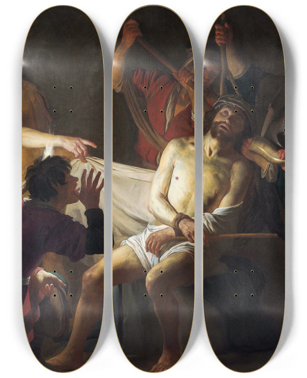 Triptych art skateboard deck of Gerard Van Honthorst Christ Crowned With Thorns_2 by Gerard Van Honthorst (1592-1656)
