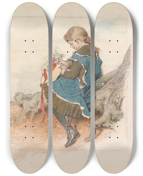 Triptych art skateboard deck of Robert Barnes Girl Pinning Flowers On A Hat by Robert Barnes (1840-1895)