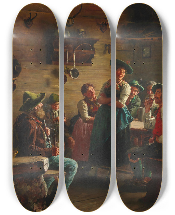 Triptych art skateboard deck of Emil Rau A Good Tale by Emil Rau (1858-1937)