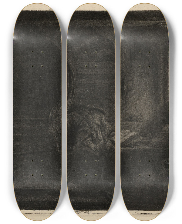 Triptych art skateboard deck of Rembrandt Van Rijn Saint Jerome In A Dark Chamber by Rembrandt Van Rijn (1606-1669)