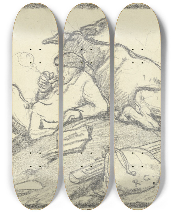 Triptych art skateboard deck of Rudolf Gudden Ein Pfeife Rauchender Mann Auf Einem Hgel Rastend Angelehnt An Einen Esel by Rudolf Gudden (1863-1935)